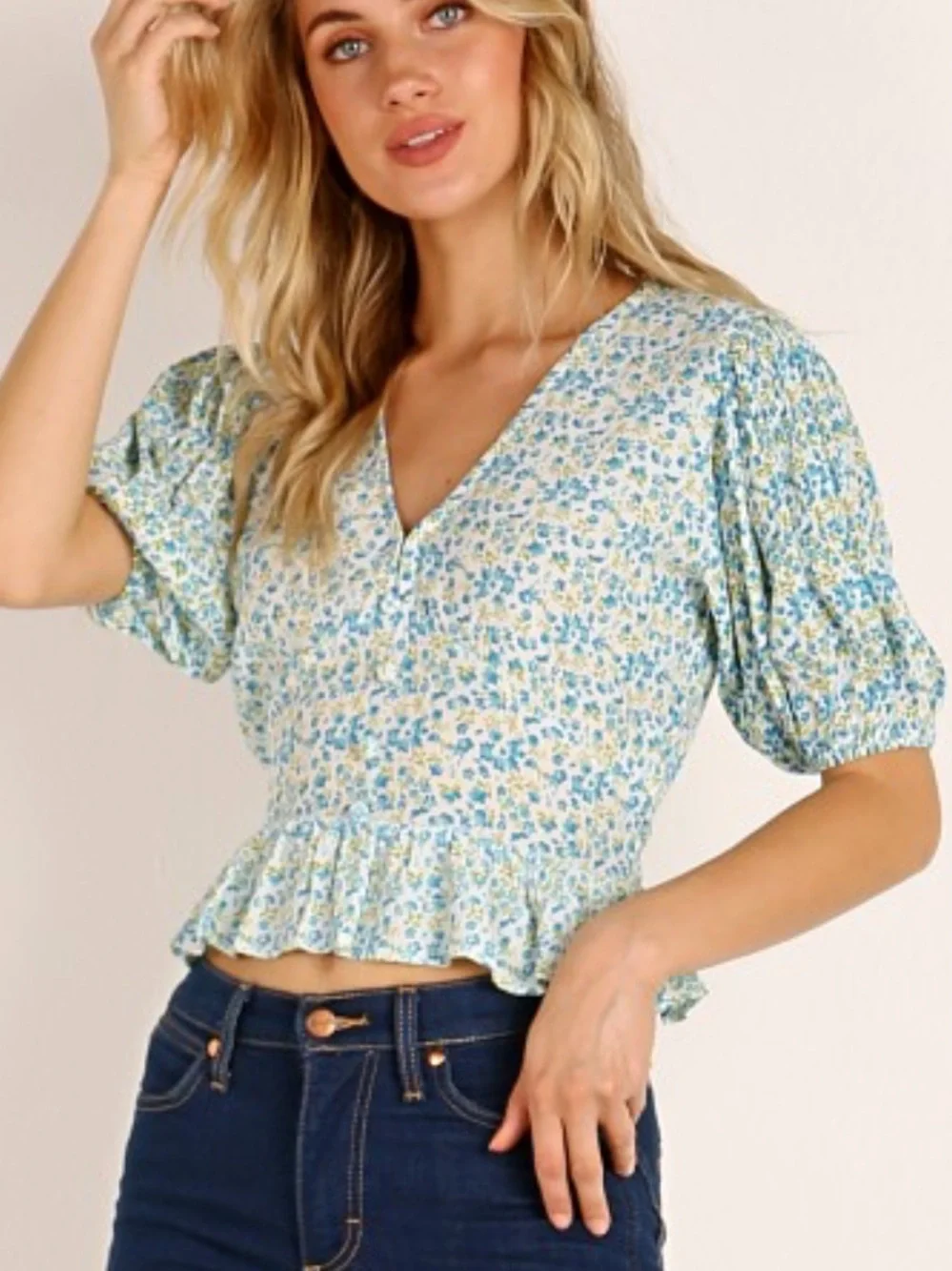 Faithfull the Brand Mona Blue and White Floral V-Neck Peplum Blouse